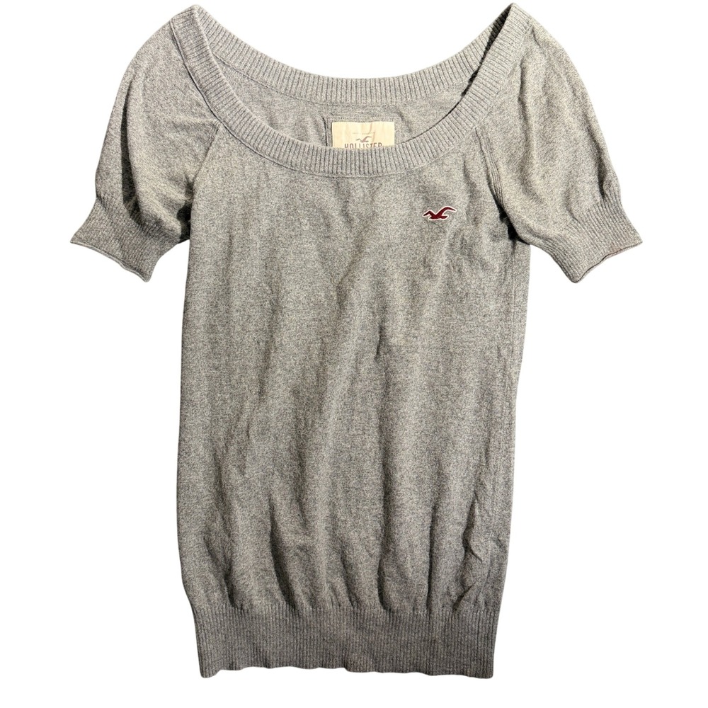 Hollister Medium Grey Short Sleeve Knit Sweater Y2K Preppy Coquette Babydoll